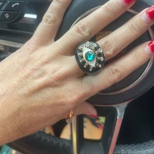 Kurt Geiger Evil Eye Ring Green Crystal Statement Chunky Gold Tone Designer